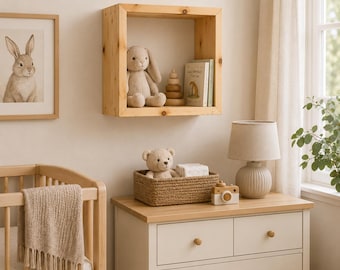 Solid Wood Floating Square Shelf | Modern Farmhouse Wall Decor, Hanging Bookshelf