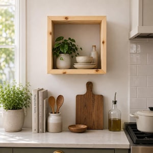 May include: A square, light-toned wooden wall shelf mounted above a kitchen counter. The shelf holds a small potted green plant, a ceramic bowl, a stack of two small plates, and a glass bottle with a cork stopper, all arranged on the shelf surface.