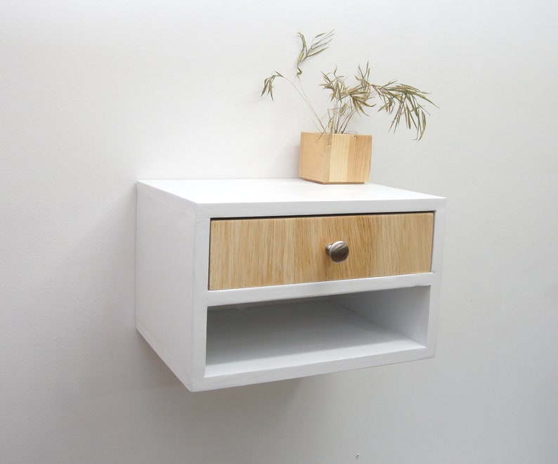 Floating nightstand with 2 drawers, Hanging wall mounted nightstand with 2 shelves White image 3