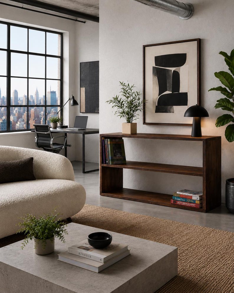 May include: A rectangular dark wood console table featuring two open shelves. The top shelf holds a small potted plant and a black mushroom-shaped lamp, while the bottom shelf contains a stack of books. The table has a smooth, flat surface.