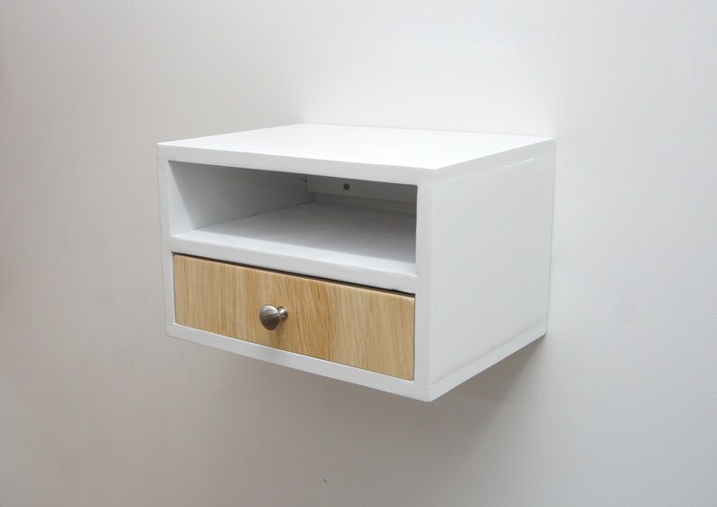 Floating nightstand with 2 drawers, Hanging wall mounted nightstand with 2 shelves White image 6