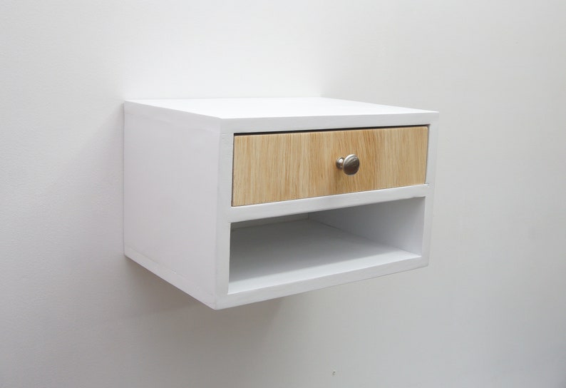 Floating nightstand with 2 drawers, Hanging wall mounted nightstand with 2 shelves White image 8