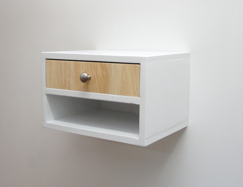 Floating nightstand with 2 drawers, Hanging wall mounted nightstand with 2 shelves White image 2