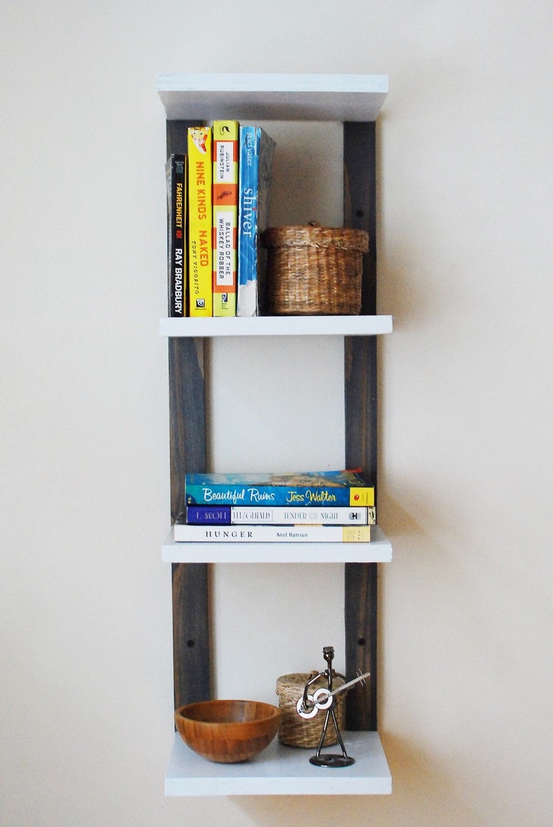 Hanging Bookshelf, Wall Mounted Shelving, Floating Bookshelf, Reclaimed Plywood Thin Bookshelves, Wall Shelf, Storage Gray image 2