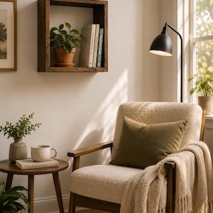 May include: A square dark wood wall shelf holding a potted green plant and three books. The shelf is mounted above an upholstered armchair with a dark olive pillow and a beige fringed throw blanket, next to a small round wooden side table.