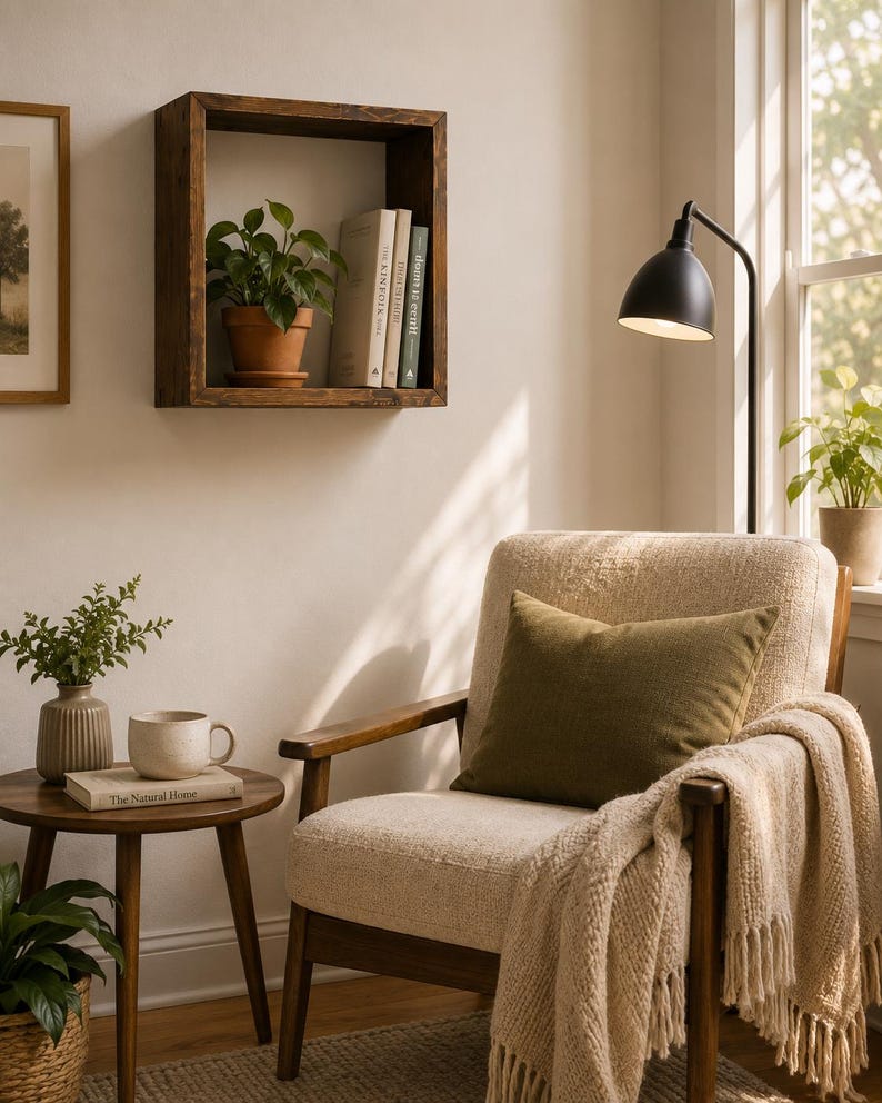 May include: A square dark wood wall shelf holding a potted green plant and three books. The shelf is mounted above an upholstered armchair with a dark olive pillow and a beige fringed throw blanket, next to a small round wooden side table.
