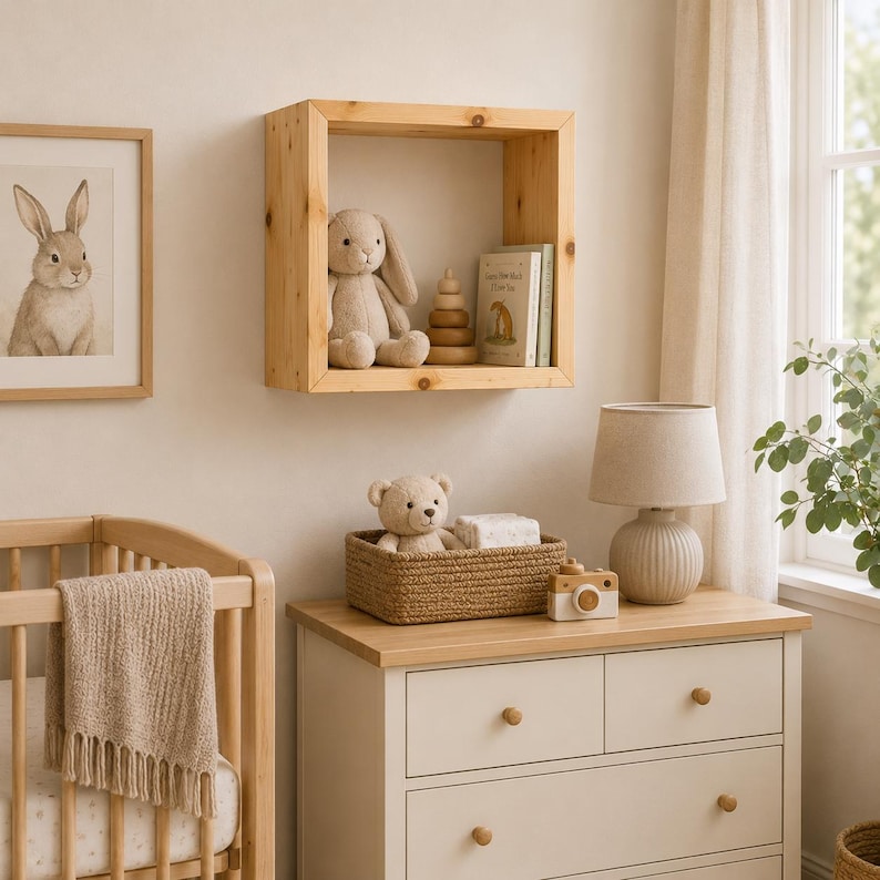 May include: A square light-colored wooden wall shelf containing a plush rabbit, a wooden stacking toy, and a book. The shelf is mounted above a white dresser with four drawers, which holds a woven basket with a teddy bear and a table lamp.