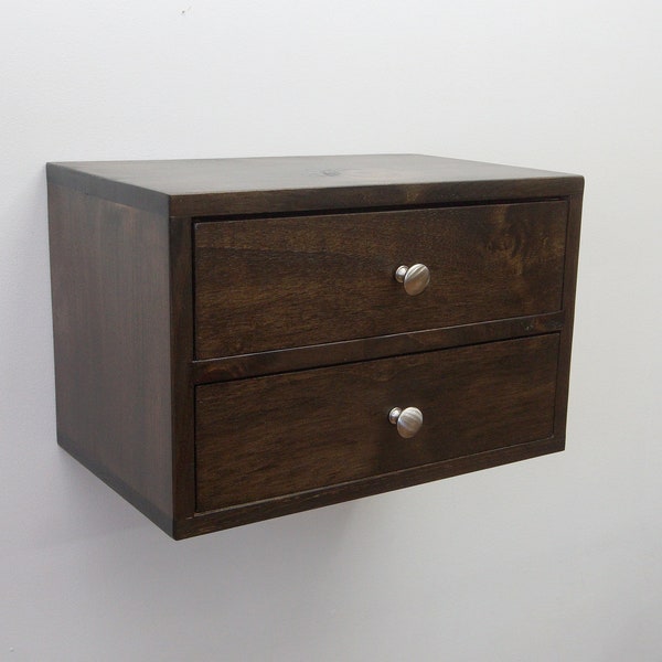 Wall mounted table, Floating nightstand with 2 drawers, Hanging Shelf with Storage and Silver knobs - Dark Walnut