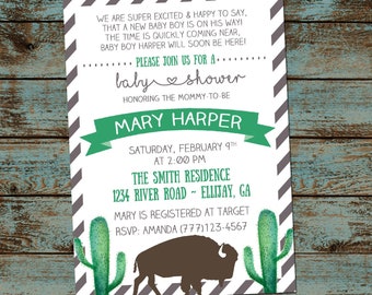 Southwestern Baby Shower, Buffalo Invitation, Buffalo Cactus Baby Shower Invitation, Boy Baby Shower, Shower Invitation Digital File DIY