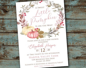 Little Pumpkin baby Shower, Pumpkin Invitation, Fall Leaves Baby Shower Invitation, Boy Girl Shower, Shower Invitation Digital File DIY