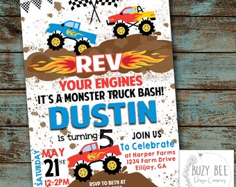 Monster Truck Birthday Invitation, Monster Truck Invitation, Rev Your Engine Birthday, Truck Birthday, Mud, Digital File, DIY Printable
