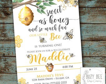 Bee Birthday Invitation, Honey Bee Invitation, First Birthday Party, Bee Day , 1st Birthday, Digital File DIY