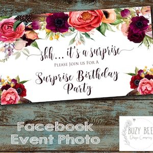 Surprise Birthday Party Facebook Event Photo, Surprise Party, Floral, 60th Birthday, 50th Birthday, Surprise Facebook, Facebook Event Cover