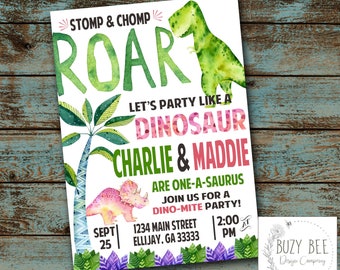Dinosaur Birthday Invitation, Dinosaur Invitation, ROAR Stomp, Dino-mite Birthday,  Double Birthday, Twin Birthday, Digital File, Printable