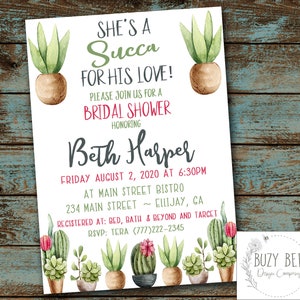 Succulent Bridal Shower Invitation, Wedding Shower Invitation, Succa For Love, Bridal Shower, Succulent, Printable Digital File DIY