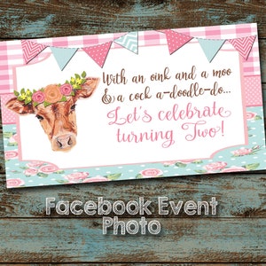 Farm Birthday Facebook Event Photo, Farm Birthday Party, Oink Moo Turning two, Flower Cow, Facebook Event Cover