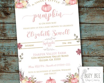 Little Pumpkin baby Shower, Pumpkin Invitation, Fall Leaves Baby Shower Invitation, sweet Girl Shower, Shower Invitation Digital File DIY