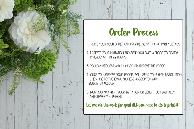 Op de afbeelding: Een witte achtergrond met een groen bloemmotief aan de linkerkant van de afbeelding. De rechterkant van de afbeelding bevat een witte kaart met de tekst "Order Process" in het groen. De kaart somt vijf stappen op voor het bestellen van een aangepaste uitnodiging. De tekst op de kaart luidt: "1. Plaats uw bestelling en geef me uw feestdetails. 2. Ik maak uw uitnodiging en stuur u een proefdruk om te bekijken, meestal binnen 24 uur. 3. U kunt wijzigingen aanvragen of de proefdruk goedkeuren. 4. Zodra u uw proefdruk goedkeurt, stuur ik u uw hoge resolutie JPEG-bestand naar het e-mailadres dat is gekoppeld aan uw Etsy-account. 5. Nu kunt u uw uitnodiging afdrukken of digitaal verzenden! (Wat u maar wilt). Laat mij het werk voor u doen! Het enige wat u hoeft te doen is het afdrukken!"