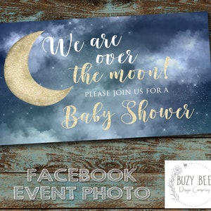 Over the Moon Shower Facebook Event Photo, Navy,  Baby Shower, Gold, Moon Facebook Event Cover, Digital File