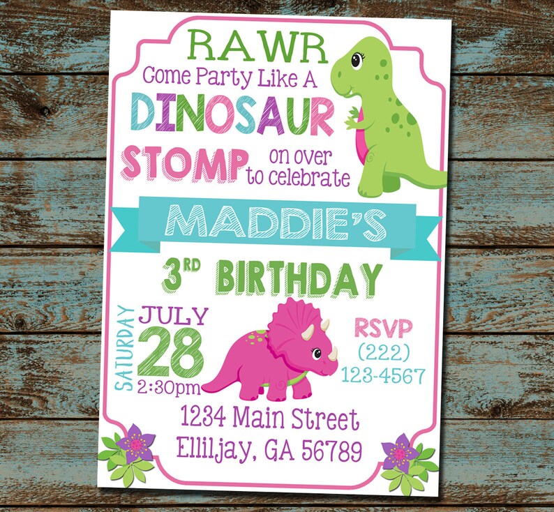 Girl Dinosaur Birthday Invitation Dinosaur Invitation Girl Etsy