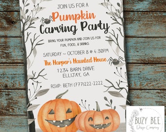 May include: A Halloween-themed invitation with the text "Pumpkin Carving Party." The invitation features watercolor illustrations of pumpkins, spiders, and foliage. Details include the date, time, and location: The Harper's Haunted House.