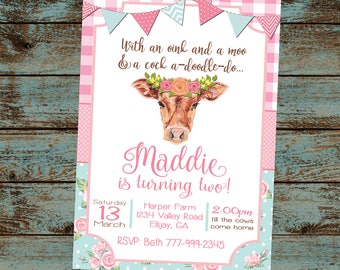 Farm Birthday Invitation, Farm Birthday Party, Oink Moo Turning two, 2nd Birthday Party, Flower Cow, Girl Farm Birthday, Digital File DIY