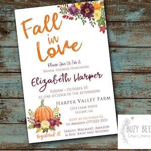Fall In Love Bridal Shower Invitation, Bridal Shower Invitation, Fall pumpkins, Bridal Shower, Orange, Fall  Printable Digital File