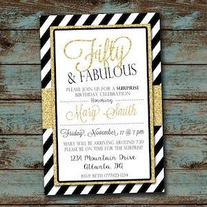 Fifty and Fabulous Birthday Invitation, Fiftieth Birthday, Black Gold Birthday, 50 & Fabulous, Birthday Invitation, Printable, Digital File