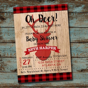 Deer Baby Shower, Red Buffalo Plaid Shower, Boy Shower, Deer Buck Wood Baby Shower Invitation Digital File DIY Invite