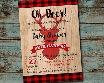 Deer Baby Shower, Red Buffalo Plaid Shower, Boy Shower, Deer Buck Wood Baby Shower Invitation Digital File DIY Invite