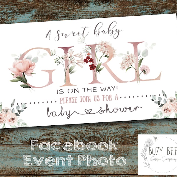 Sweet Baby Girl Shower Facebook Event Photo, Rose,  Baby Girl Shower, Floral, Baby Shower Facebook Event Cover, Digital File