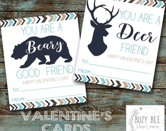 Bear Valentine's Day Card, Kid's Valentines Day Card, Beary Valentine, School Valentine's Day Cards, Deer Valentine, Buck, DIY, Printable