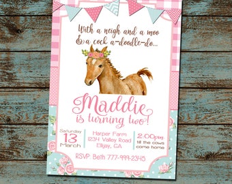 Horse Birthday Invitation, Farm Birthday Party, Neigh Moo Turning two, 2nd Birthday, Flower Horse, Girl Farm Birthday, Filly, Digital File