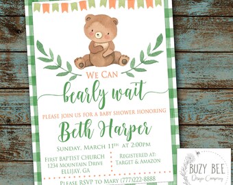 Fête prénatale Bearly Wait, invitation ours, invitation baby shower, baby shower non sexiste, faire-part de douche fichier numérique bricolage