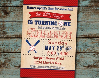 Baseball Birthday Invitation, Little Slugger Turning One, Baseball Birthday Party, 1st Birthday, Baseball Invitation, Digital File DIY