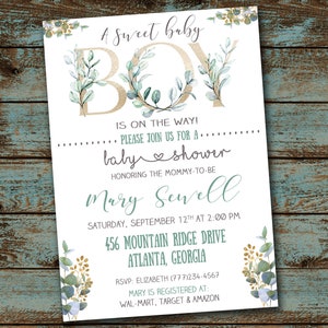 Dolce Baby Boy Shower, Invito nel verde, Invito per la doccia per bambini con foglie di eucalipto, Baby Shower per ragazzo, Invito per la doccia File digitale fai da te