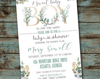 Dolce baby shower per maschietto, invito con tema verde, invito per baby shower con foglie di eucalipto, baby shower per maschietto, file digitale fai da te per invito alla festa