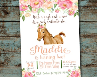 Horse Birthday Invitation, Farm Birthday Party, Neigh Moo Turning two, 2nd Birthday, Flower Horse, Girl Farm Floral, Filly, Digital File