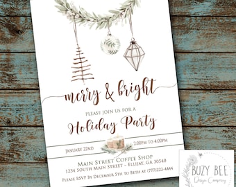 May include: A white invitation card with the words "merry & bright" in elegant script. It features watercolour illustrations of festive decorations and details for a holiday party, including the date, time, and location.