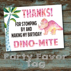 May include: Pink dinosaur party favor tag with the text "THANKS! FOR STOMPING BY AND MAKING MY BIRTHDAY DINO-MITE" and the words "Party Favor Tag" written in white chalk.
