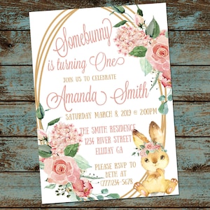 Somebunny Is Turning One Birthday Invitation, Bunny Invitation, First Birthday, Rabbit Birthday Invitation, Digital File DIY Invite