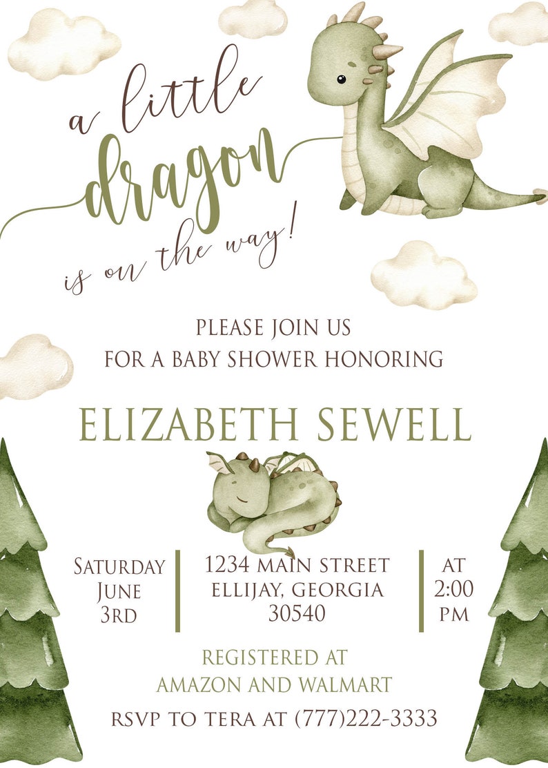 Op de afbeelding: Een uitnodiging voor een babyshower met een illustratie van een groene waterverfdragon. De uitnodiging luidt "a little dragon is on the way!" en bevat de naam Elizabeth Sewell, de datum en tijd van de babyshower, het adres en de registratie-informatie.