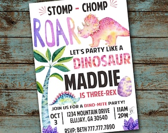 Dinosaur Birthday Invitation, Dinosaur Invitation, ROAR Birthday, Three Rex Birthday,  Girl Dinosaur Birthday, Digital File, DIY Printable