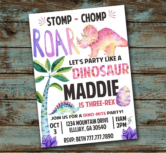 Dinosaur Birthday Invitation, Dinosaur Invitation, ROAR Birthday, Three Rex Birthday,  Girl Dinosaur Birthday, Digital File, DIY Printable