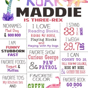 May include: A colorful printable chart for a child's third birthday. The chart features a pink dinosaur, a green dinosaur, and a purple palm tree. The chart includes the child's name, age, nicknames, favorite foods, favorite toys, favorite color, favorite show, and favorite book. The chart also includes the child's height and weight.