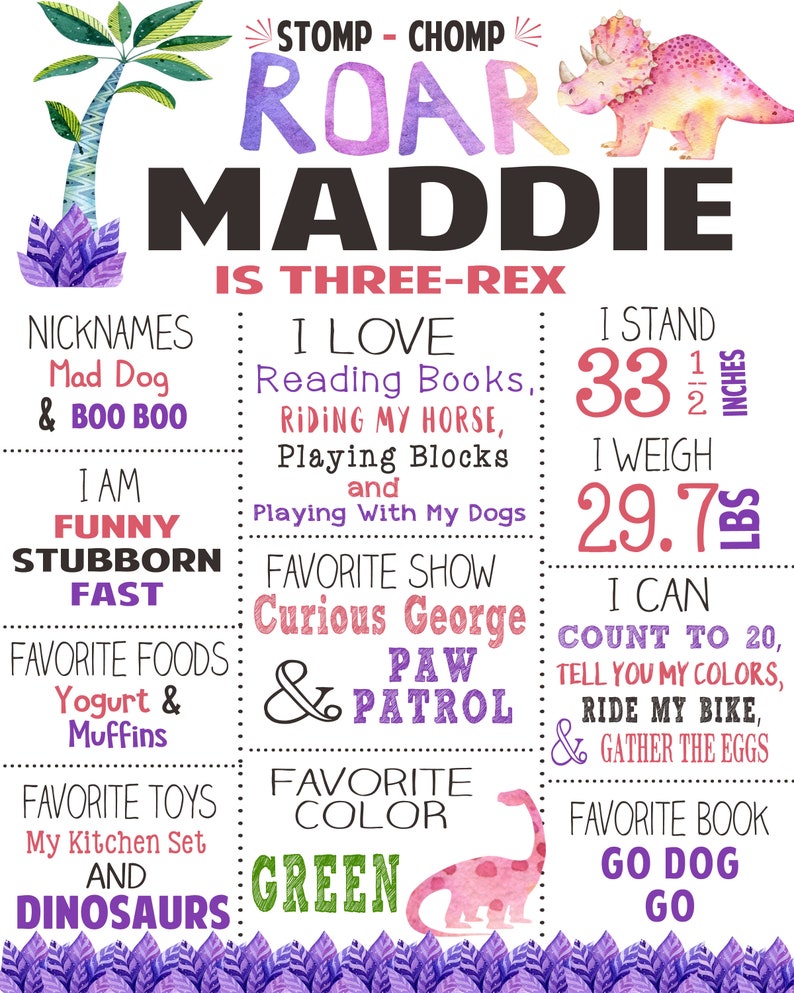 May include: A colorful printable chart for a child's third birthday. The chart features a pink dinosaur, a green dinosaur, and a purple palm tree. The chart includes the child's name, age, nicknames, favorite foods, favorite toys, favorite color, favorite show, and favorite book. The chart also includes the child's height and weight.