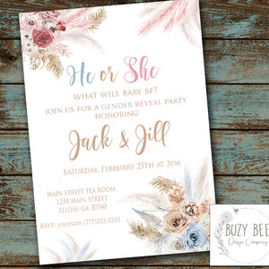 He or She Pampas Gender Reveal, Gender Reveal Party Invitation, Boho, Pampas Invitation, Pink or Blue, Shower Digital File, DIY