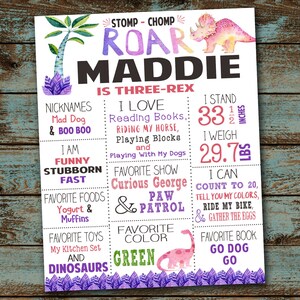 May include: A colorful printable poster for a child's birthday. The poster features a pink dinosaur, a green palm tree, and the text "ROAR MADDIE IS THREE-REX". The poster also includes information about the child's favorite things, such as their favorite foods, toys, and colors.