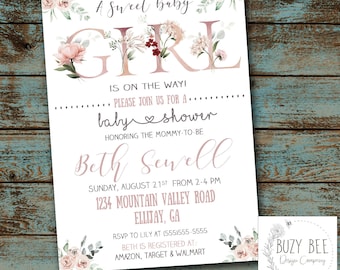Sweet Baby Girl Shower, Rose Invitation, Floral Baby Shower Invitation, Girl Baby Shower, Shower Invitation Digital File DIY