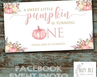 May include: A white Facebook event photo with a watercolor design. The text reads "A Sweet Little Pumpkin is Turning One. Please Join Us Celebrate." The design includes pink pumpkins and floral accents.